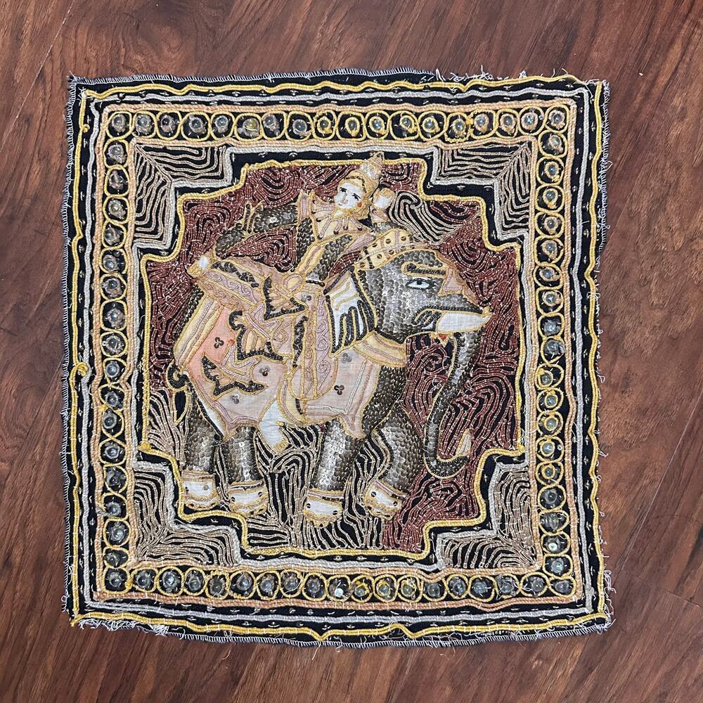 Antique Burmese Kalaga Embroidered Hand Sewn Elephant Tapestry Flawed